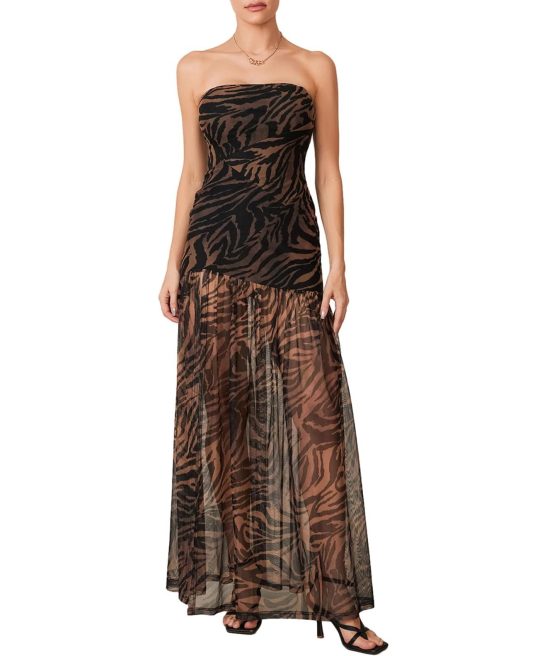 Women's Strapless Backless Mesh Tropical Leopard Print High-Slit Dress