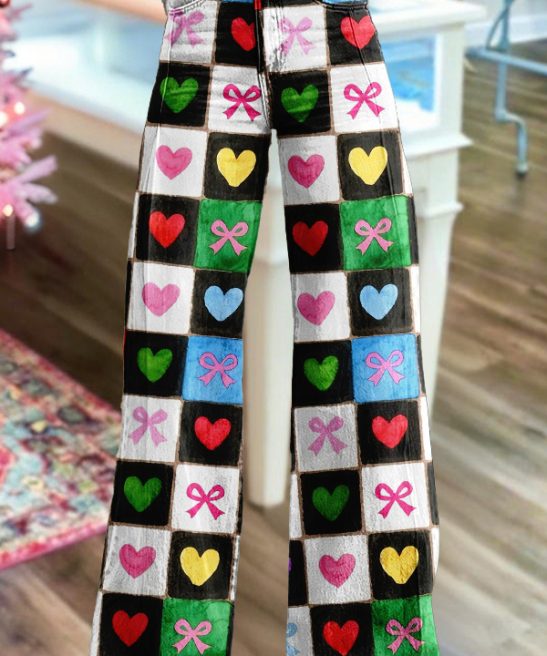 Retro Heart-Patterned Wide-Leg Pants