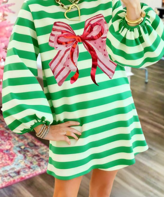 Christmas Striped Bow Puff Sleeve Dress