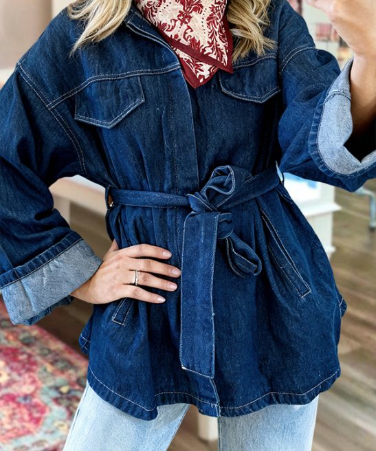 Classic Retro Denim Belted Jacket