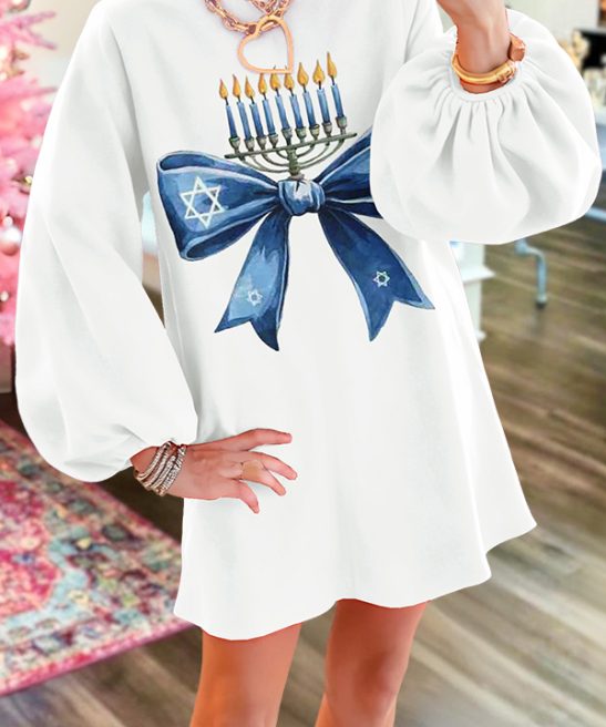 Hanukkah Bow Candlestick Puff Sleeve Dress