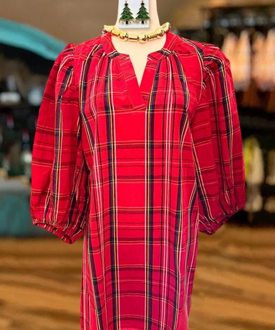 Christmas Plaid V-Neck Puff Sleeve Mini Dress
